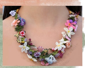 Colorful Floral Bead Gemstone Fiber Oya Crochet Bib Necklace Jewelry Mother's Day Gift Accessory for Her