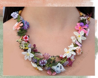 Floral Oya Crochet Bib Necklace: Gemstone Fiber Jewelry