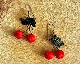 Handmade Crochet Cherry Earrings: Red Floral Oya Design