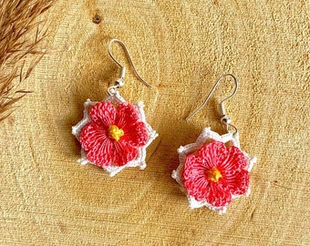White Pink Flower Dangle Earrings, Blossom Earrings, Handmade Crochet Earrings, Floral Jewelry, Daisy Drop Earrings, Gift For Her