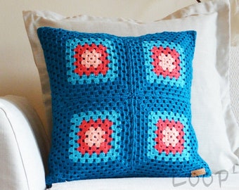 Blue Crochet Granny Square Pillow Cover: Retro Home Decor