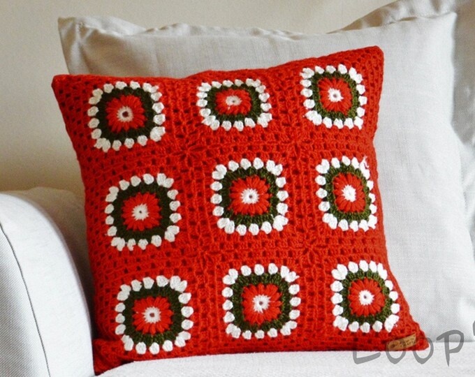 Red Green Granny Square Crochet Christmas Pillow Cushion Cover - Etsy