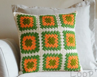 Colorful Granny Square Crochet Pillow Cover, Cushion Cover, Decorative, Retro Motif, Hand Knit