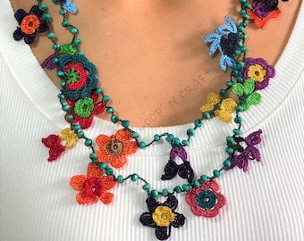 Colorful Floral Bead Gemstone Fiber Oya Crochet Bib Necklace Jewelry Mother's Day Gift Accessory for Her