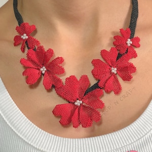 Red Black Beaded Floral Fiber Oya Crochet Bib Necklace Jewelry Mother&#39;s Day Gift Accessory for Her