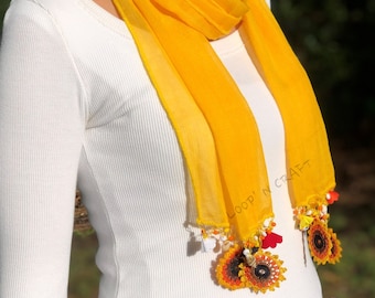 Yellow Sunflower Beaded Cotton Skinny Oya Crochet Elegant Scarf Flower Soft Scarf Women's Accessory