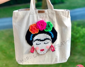 Frida Kahlo Tote Bag: Crochet Canvas Shoulder Bag, Artisan Handmade