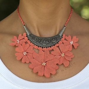 Pink Flower Boho Beaded Oya Crochet Bib Necklace, Jewelry Adjustable Accessory for Women Gift For Her