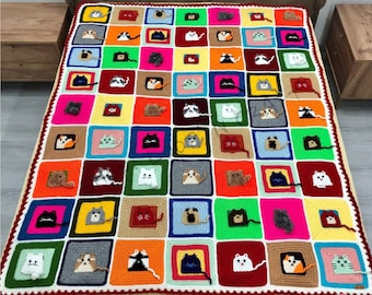 Cat Crochet Blanket: Colorful Granny Square Afghan, Baby Throw