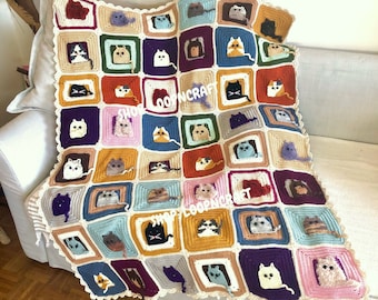 Cat Crochet Granny Square Blanket: Colorful Kids Afghan Throw