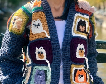 Crochet Cat Cardigan: Granny Square Patchwork Knit Sweater