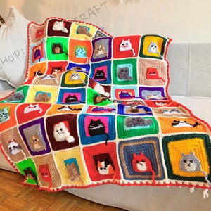 Cat Afghan Blanket, Kids Blanket Personalized, Granny Square Throw Colorful Crochet Blanket