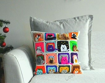 Crochet Cat Pillow Cover: Handmade Colorful Kitty Cushion