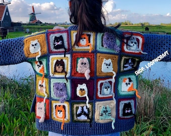Cat Crochet Cropped Cardigan: Handmade Granny Square Knit Jacket