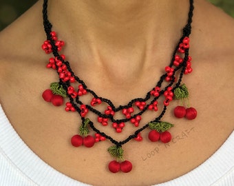Red Black Cherry Beaded Fiber Boho Oya Crochet Bib Necklace Jewelry Adjustable