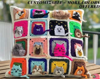 Cat Pillowcase, Crochet Cat Cushion Cover, Home Decor Accessory, Gift For Her, Gift For Mom