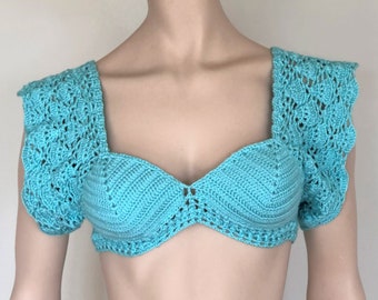 Blue Crochet Top, Vintage Bralette, Bikini Top,  Boho Crop Top, Halter Top, Summer Tube Top, Gift For Her