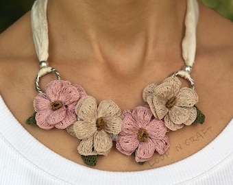 Cherry Blossom Flower Silk Scarf Crochet Oya Bib Necklace Jewelry