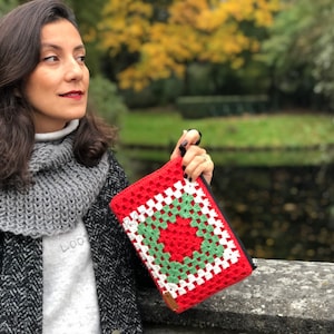 Granny Square Crochet Red Green Handbag, Evening Clutch Bag, Gift For Her