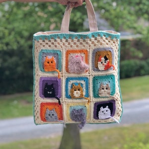 Cat Tote Bag, Cat Shoulder Bag, Crochet Cat Bag, Vintage Canvas Hand Bag, Gift For Her image 2