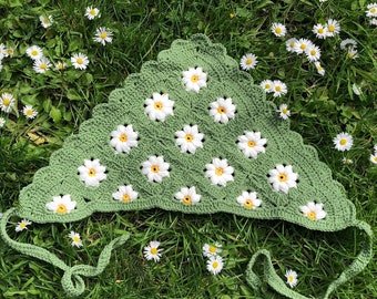 Green Sunflower Crochet Bandana, Retro Hair Scarf, Hair Wrap, Daisy Kerchief, Womens Accessory, Head Band, Gift For Her