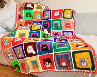 Cat Afghan Blanket, Kids Blanket Personalized, Granny Square Throw Colorful Crochet Blanket