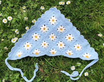 Daisy Crochet Bandana: Blue Cotton Hair Kerchief