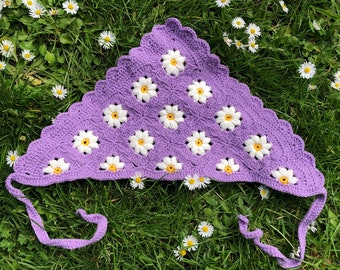Daisy Crochet Bandana: Purple Cotton Hair Scarf, Hair Wrap