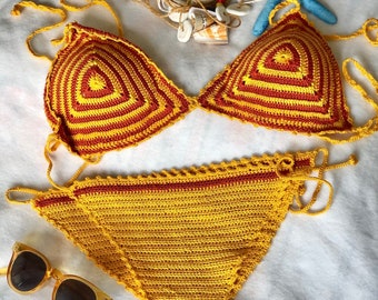 Häkeln Sie Bikini-Set, gestreiften Boho-Badeanzug, Sommer-Strandkleidung