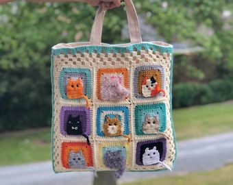Crochet Cat Granny Square Bag: Boho Cotton Canvas Tote