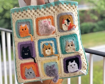 Sac fourre-tout chat, sac à bandoulière chat, sac chat au crochet, sac à main en toile vintage, cadeau pour elle