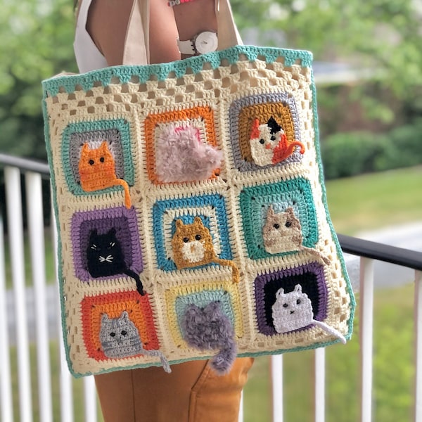 Cat Tote Bag, Cat Shoulder Bag, Crochet Cat Bag, Vintage Canvas Hand Bag, Gift For Her