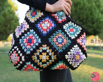 Granny Square Crochet Bag, Tote Bag, Shoulder Bag, Crochet Purse, Colorful Boho Bag, Gift For Her