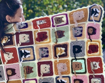 Crochet Cat Granny Square Blanket: Colorful Afghan Throw