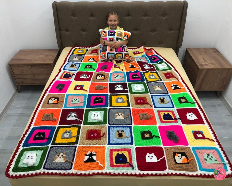 Cat Afghan Blanket Kids Blanket Personalized Granny Square Etsy