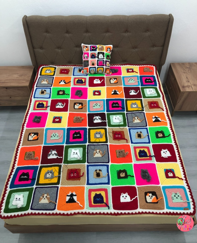 Cat Afghan Blanket Kids Blanket Personalized Granny Square Etsy