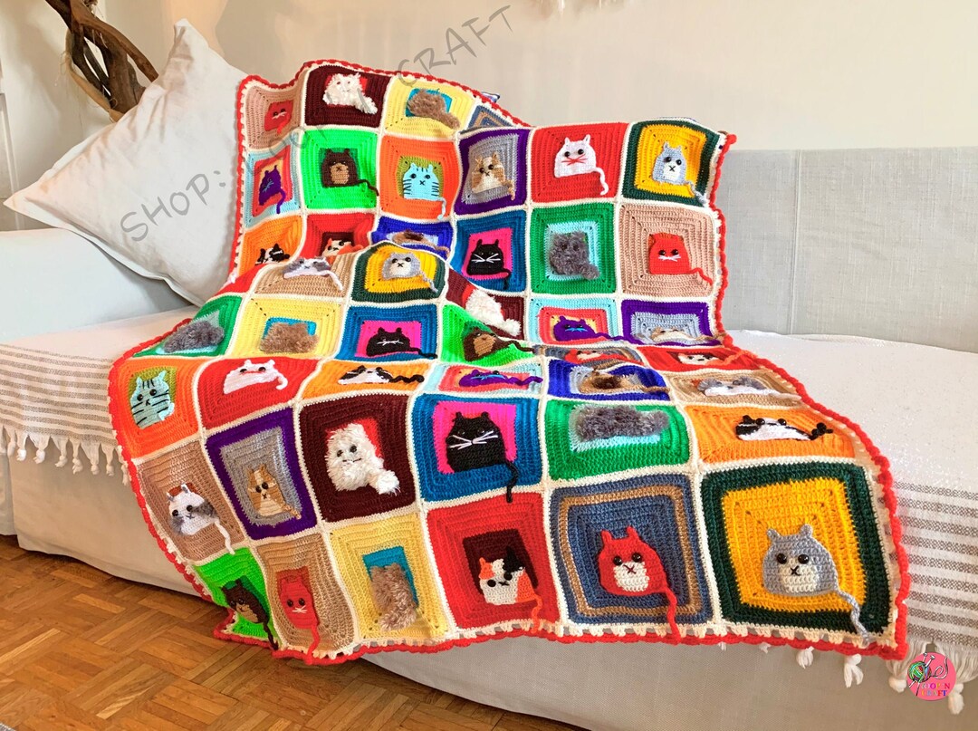 Cat Afghan Blanket, Kids Blanket Personalized, Granny Square Throw