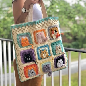 Cat Tote Bag, Cat Shoulder Bag, Crochet Cat Bag, Vintage Canvas Hand Bag, Gift For Her image 6