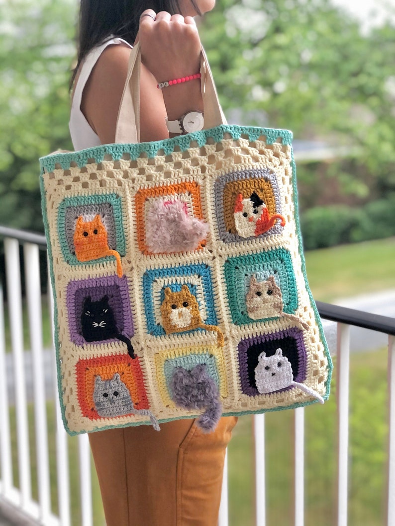 Cat Tote Bag, Cat Shoulder Bag, Crochet Cat Bag, Vintage Canvas Hand Bag, Gift For Her image 1