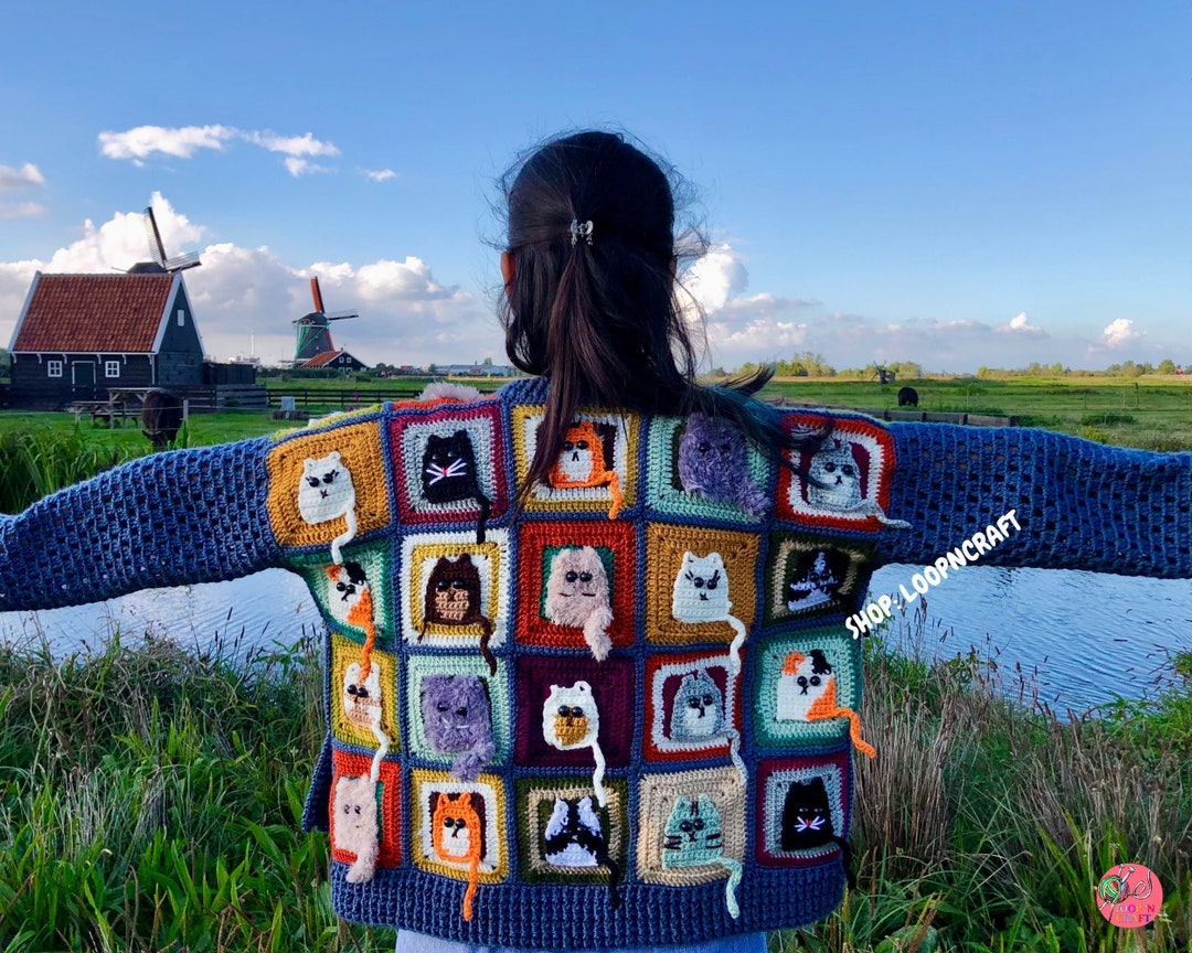 Cat Crochet Cropped Cardigan: Handmade Granny Square Knit Jacket - Etsy