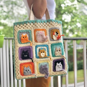 Cat Tote Bag, Cat Shoulder Bag, Crochet Cat Bag, Vintage Canvas Hand Bag, Gift For Her image 7