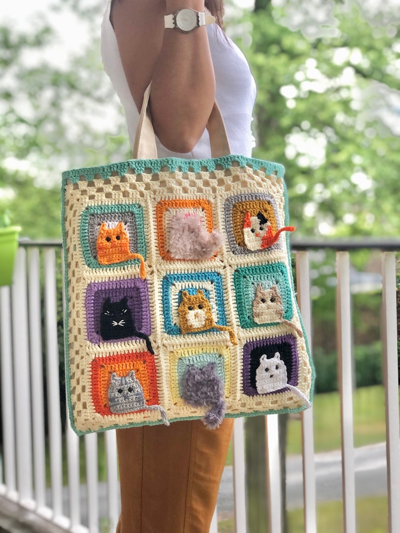 Cat Tote Bag, Cat Shoulder Bag, Crochet Cat Bag, Vintage Canvas Hand Bag, Gift For Her image 7