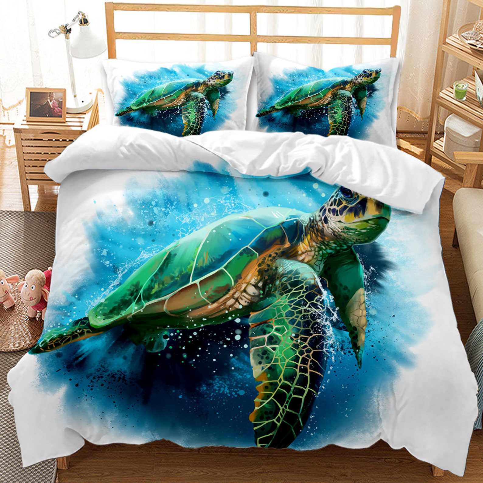 Turtle Bedding Teal Turtle Duvet Cover Set Teal Mediterranean Etsy