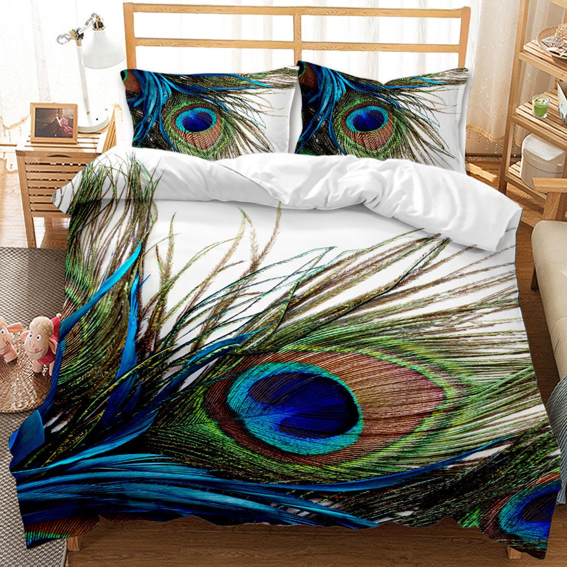 Blue Peacock Feather Bedding Set Queen Size Animal Theme Decor Etsy