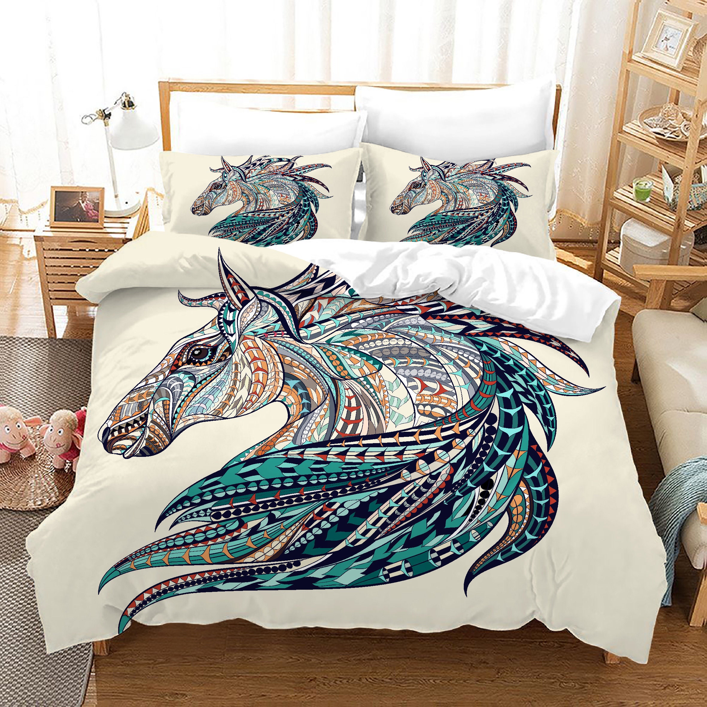 Horse Bedding Set Full Size Six Running Wild Horses Pattern Duvet Cover
