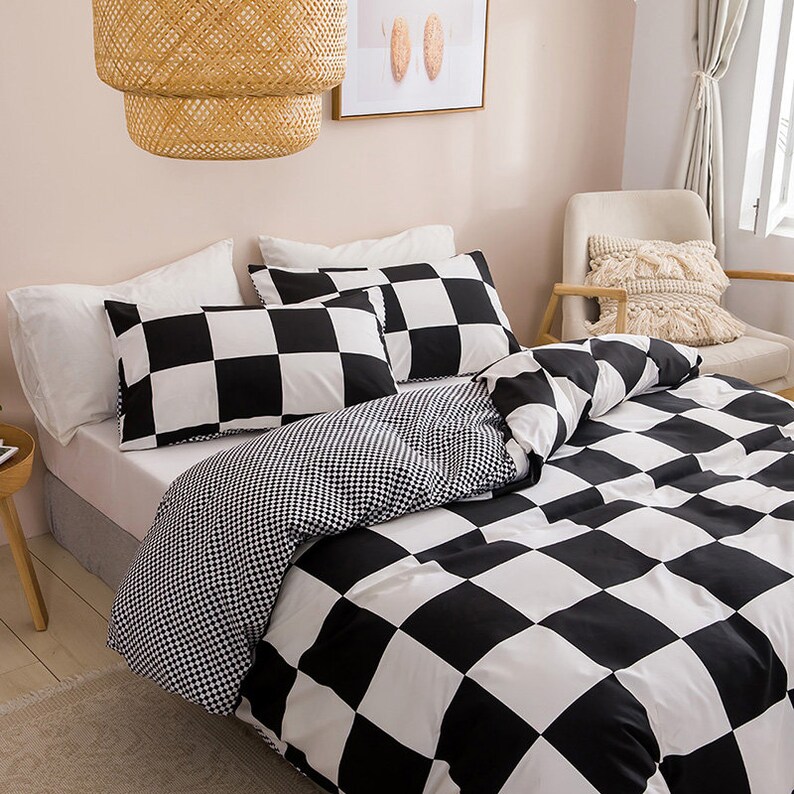 Black and White Grid Duvet Cover Set Geometric Checkered Etsy Australia