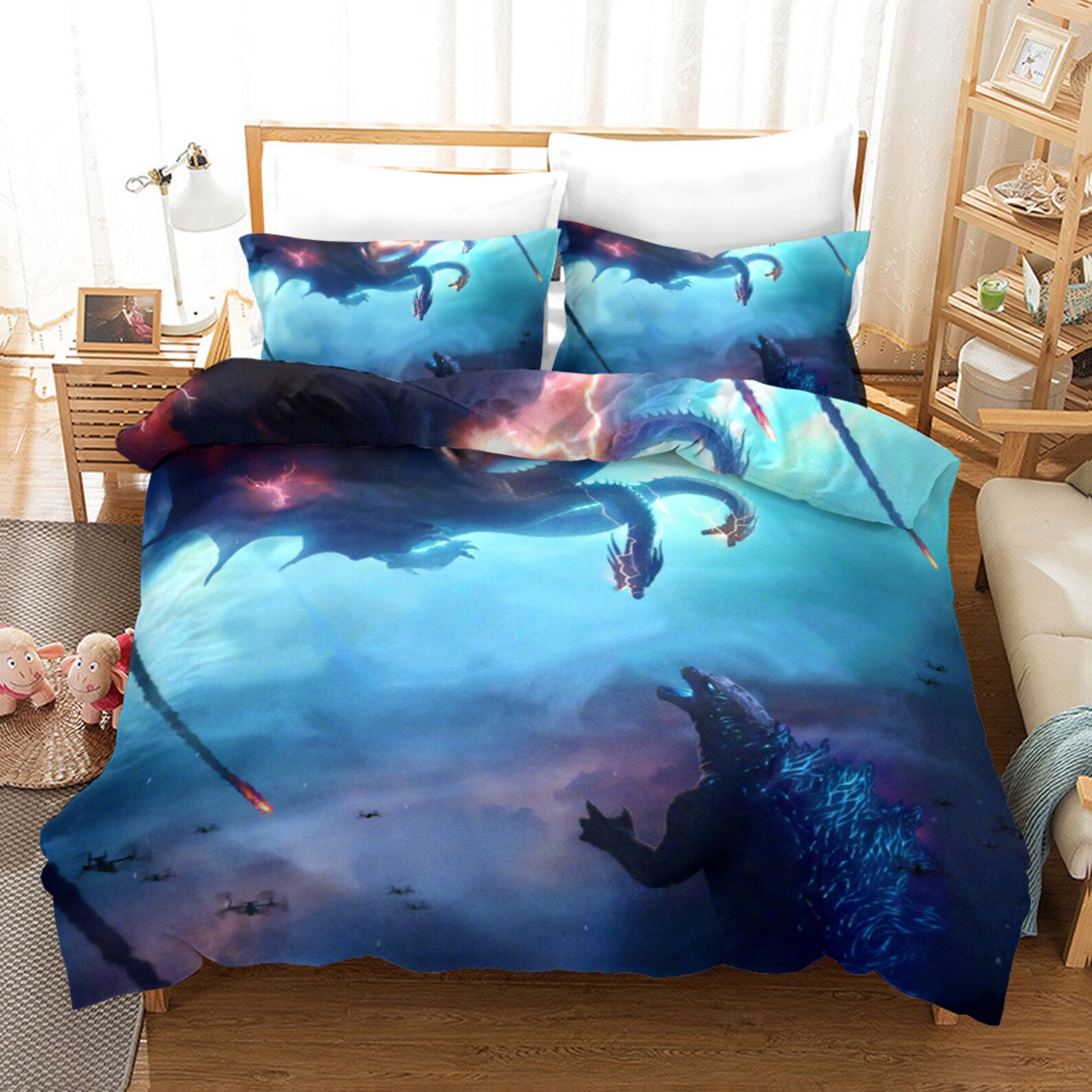 Queen Size Dinosaur Monster Godzilla Bedding Set 3 Pieces All Etsy