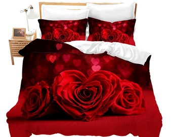 New 3 Piece Red Rose Queen Size Comforter Set Bedding Black Bedspread Floral 