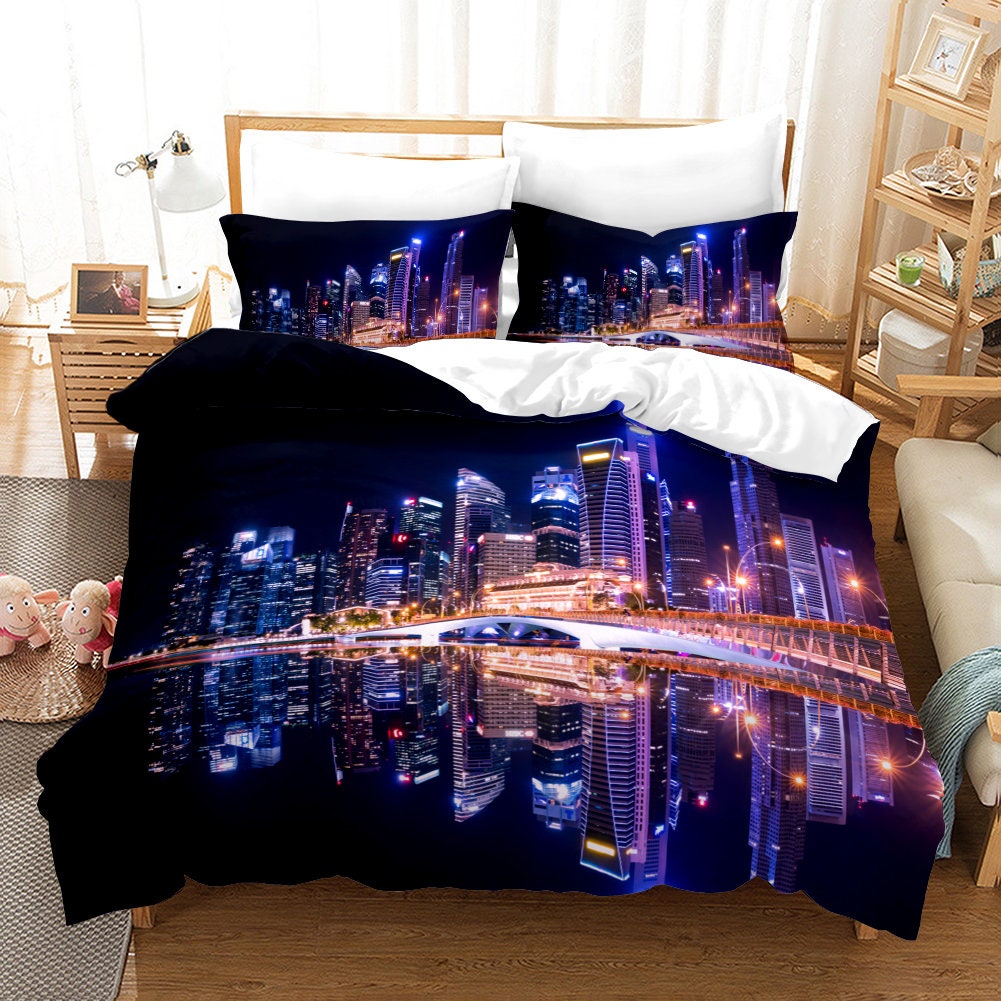 Chicago Skyline Duvet Cover Set Sleeping City Dramatic Urban Etsy