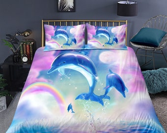 Dolphin Rose Bedding Set Girls Adult Full Fish Cartoon Dolphin Comforter Cover for Boys Girls Flower Fish Beauty Duvet Cover Breathable Bedspread Cover Room Decor Bedclothes 3pcs Bedding Set